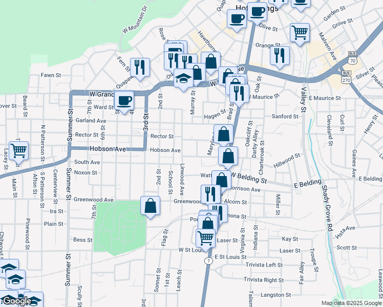 map of restaurants, bars, coffee shops, grocery stores, and more near 243 Hobson Avenue in Hot Springs