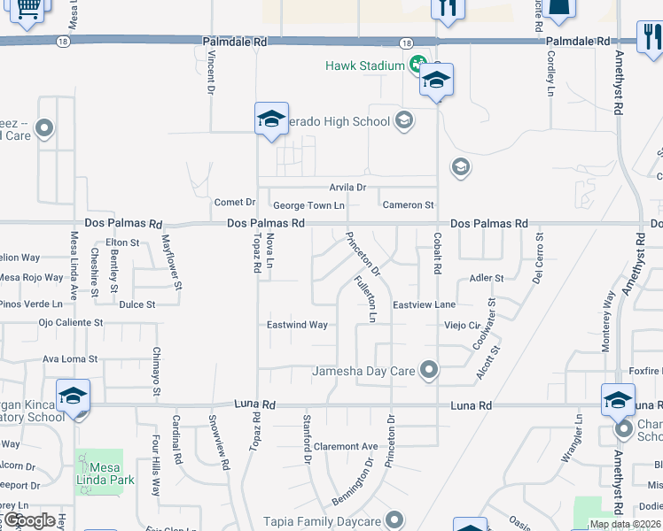 map of restaurants, bars, coffee shops, grocery stores, and more near 13046 Glendale Place in Victorville