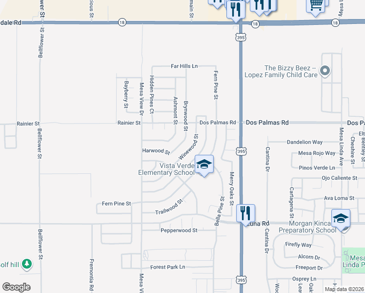 map of restaurants, bars, coffee shops, grocery stores, and more near 13625 Brynwood Street in Victorville
