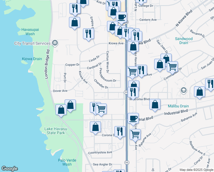 map of restaurants, bars, coffee shops, grocery stores, and more near 1661 Chandler Drive in Lake Havasu City