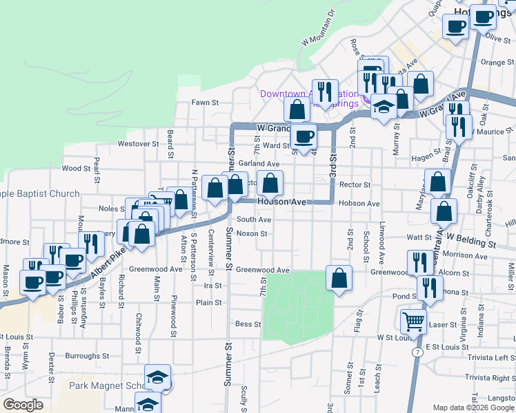 map of restaurants, bars, coffee shops, grocery stores, and more near 410 7th Street in Hot Springs