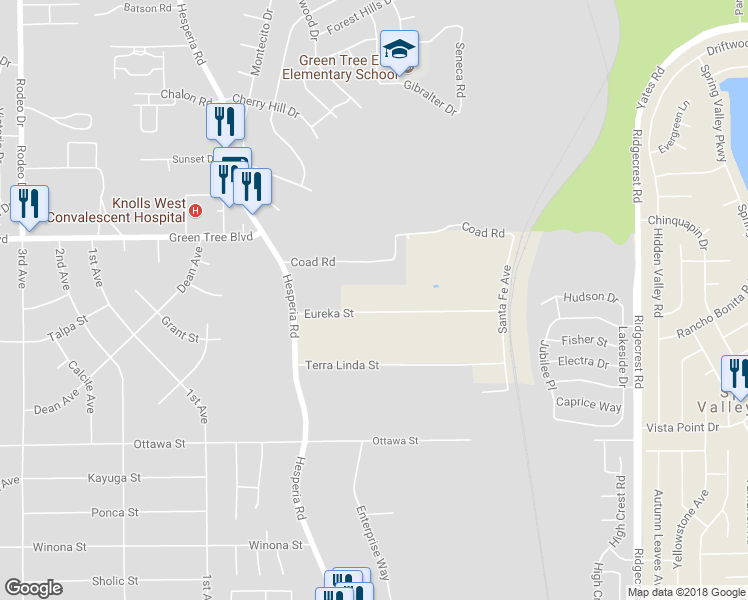 map of restaurants, bars, coffee shops, grocery stores, and more near 17196 Eureka Street in Victorville