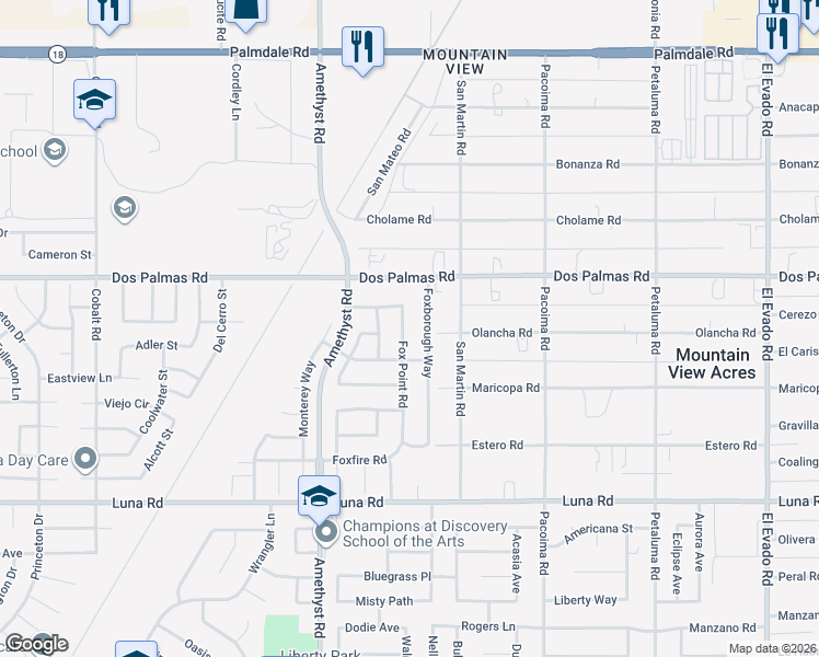 map of restaurants, bars, coffee shops, grocery stores, and more near 13605 Fox Point Road in Victorville