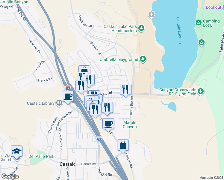 map of restaurants, bars, coffee shops, grocery stores, and more near 27584 Onyx Lane in Castaic
