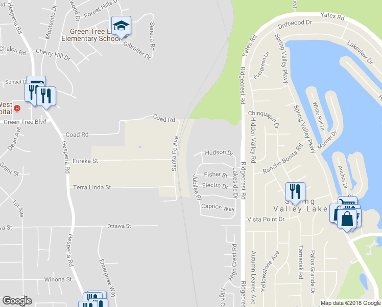 map of restaurants, bars, coffee shops, grocery stores, and more near 17518 Hudson Drive in Victorville