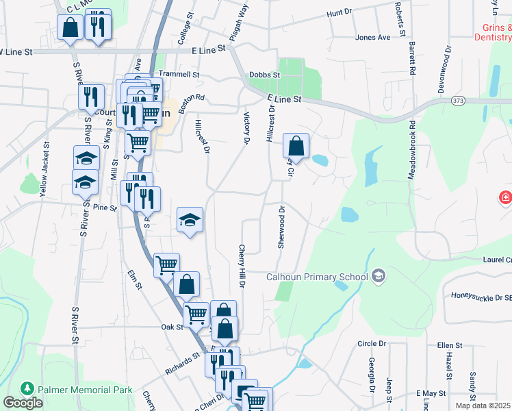 map of restaurants, bars, coffee shops, grocery stores, and more near 203 Hillcrest Drive in Calhoun