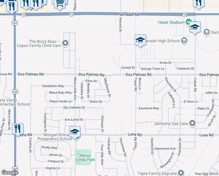 map of restaurants, bars, coffee shops, grocery stores, and more near 13607 Mayflower Street in Victorville