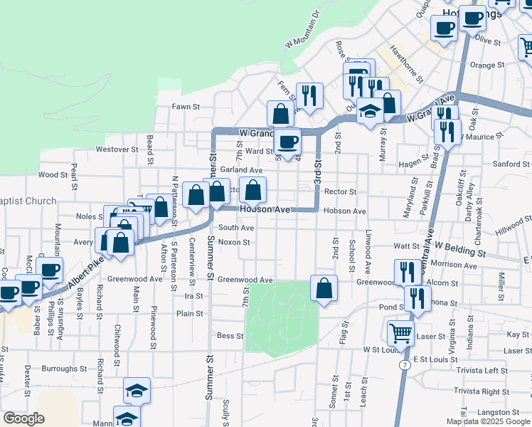 map of restaurants, bars, coffee shops, grocery stores, and more near 409 6th Street in Hot Springs