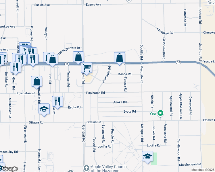 map of restaurants, bars, coffee shops, grocery stores, and more near 22669 Shawnee Road in Apple Valley