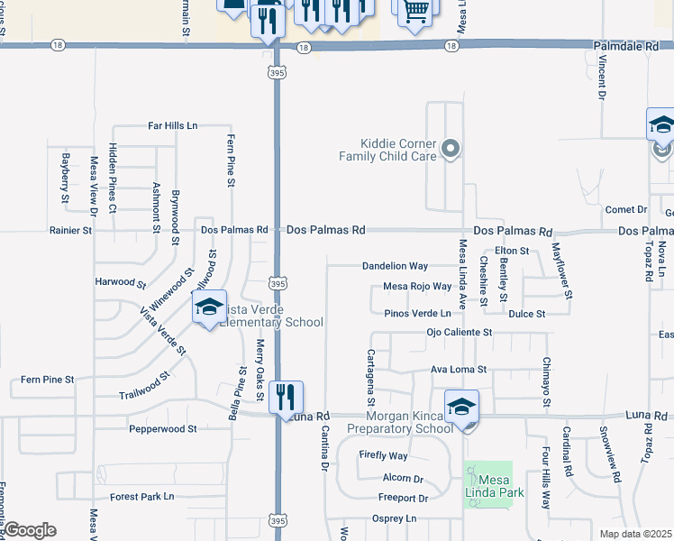 map of restaurants, bars, coffee shops, grocery stores, and more near 12217 Dandelion Way in Victorville