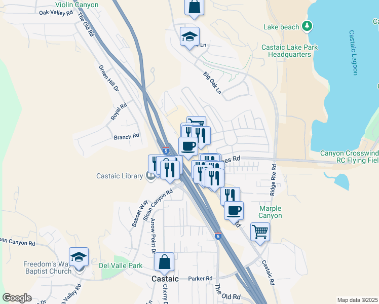 map of restaurants, bars, coffee shops, grocery stores, and more near 31978 Castaic Road in Castaic