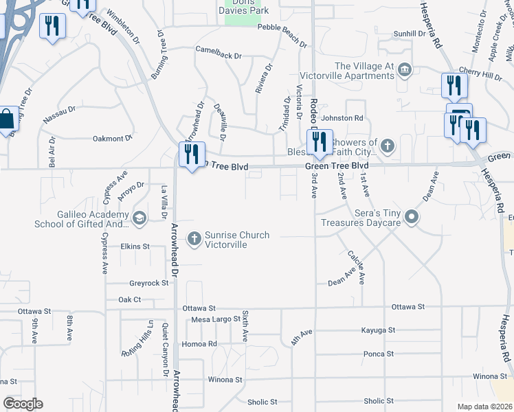 map of restaurants, bars, coffee shops, grocery stores, and more near 13574 6th Avenue in Victorville