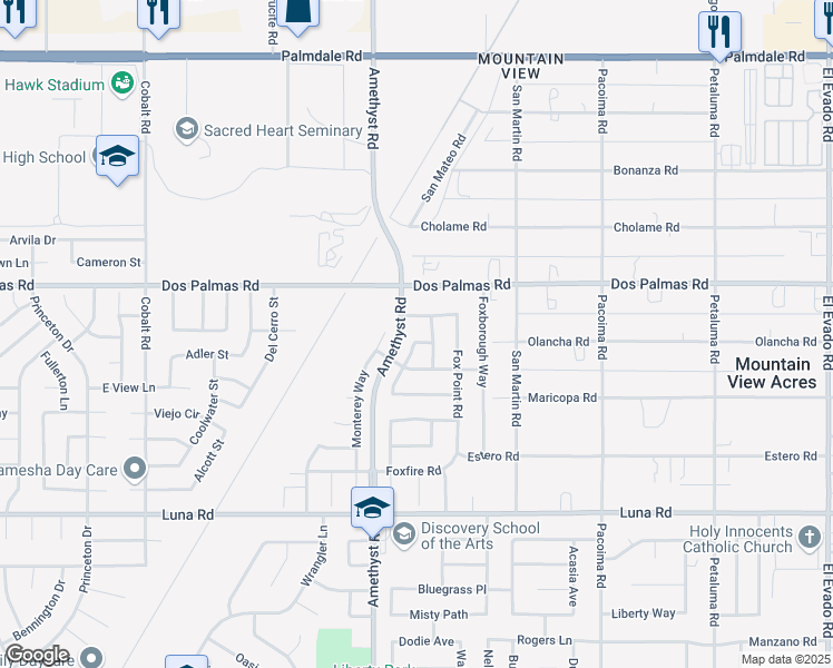 map of restaurants, bars, coffee shops, grocery stores, and more near 13784 Obispo Way in Victorville