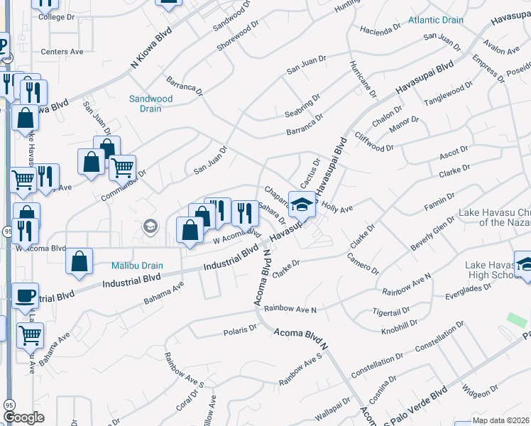map of restaurants, bars, coffee shops, grocery stores, and more near 2215 Alpine Drive in Lake Havasu City