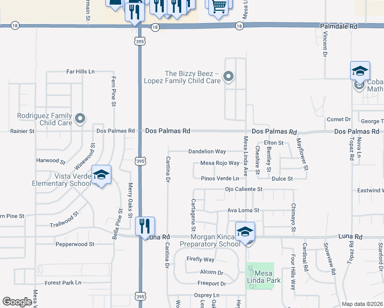 map of restaurants, bars, coffee shops, grocery stores, and more near 12285 Dandelion Way in Victorville