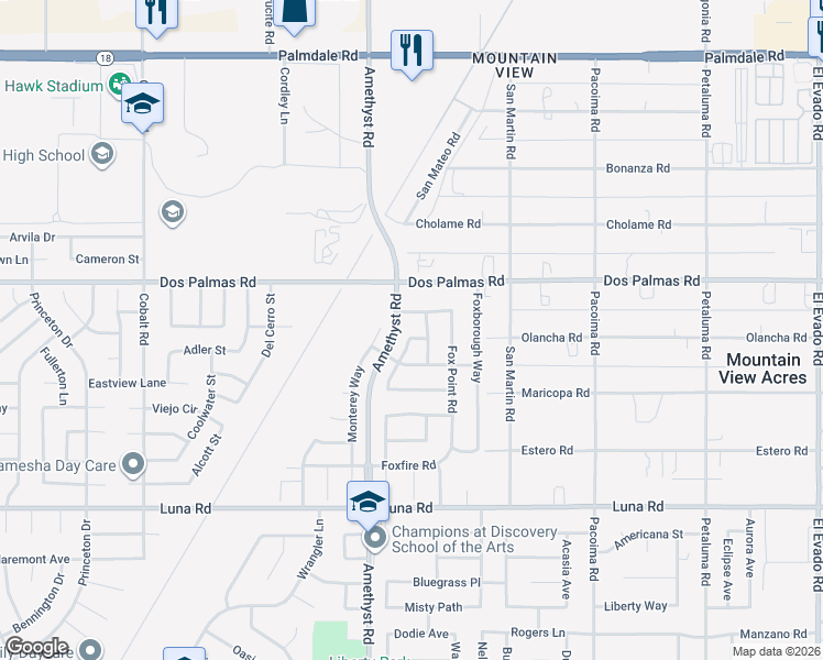 map of restaurants, bars, coffee shops, grocery stores, and more near 13784 Obispo Way in Victorville