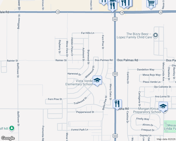 map of restaurants, bars, coffee shops, grocery stores, and more near 13641 Brynwood Street in Victorville