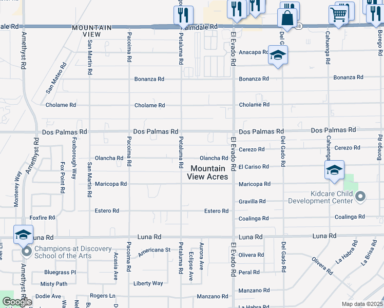 map of restaurants, bars, coffee shops, grocery stores, and more near 14340 Olancha Road in Victorville