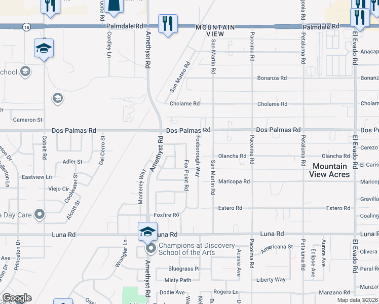 map of restaurants, bars, coffee shops, grocery stores, and more near 13615 Fox Point Road in Victorville