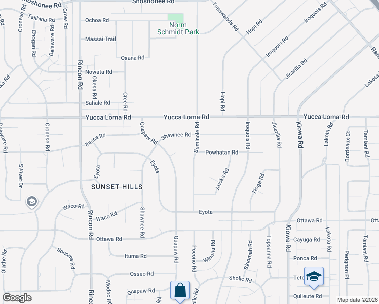 map of restaurants, bars, coffee shops, grocery stores, and more near 13586 Seminole Road in Apple Valley