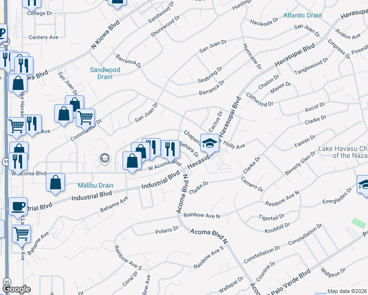 map of restaurants, bars, coffee shops, grocery stores, and more near 2215 Sahara Drive in Lake Havasu City