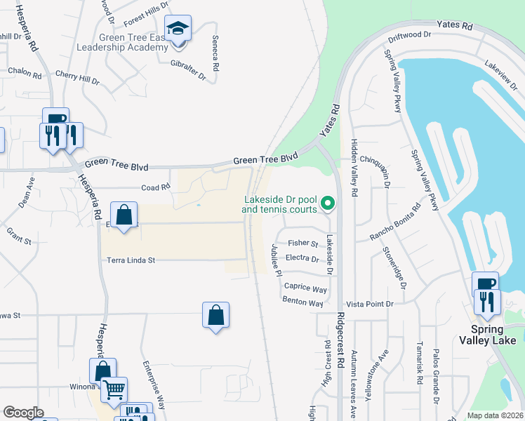 map of restaurants, bars, coffee shops, grocery stores, and more near 17518 Hudson Drive in Victorville