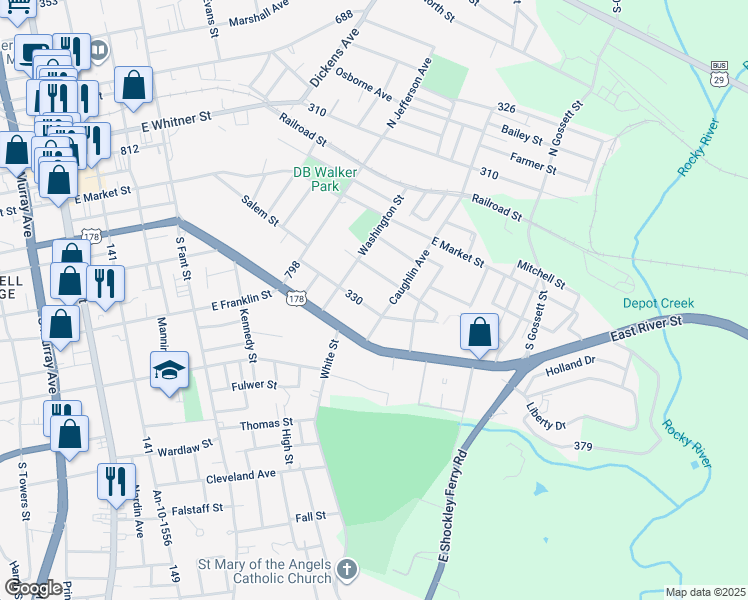 map of restaurants, bars, coffee shops, grocery stores, and more near 1016 Brock Street in Anderson