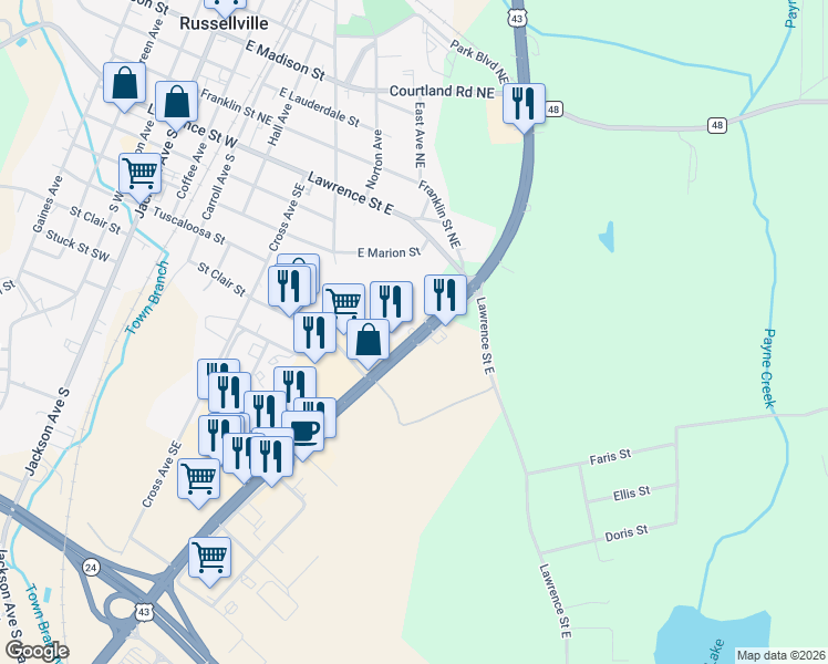 map of restaurants, bars, coffee shops, grocery stores, and more near 14175 U.S. 43 in Russellville