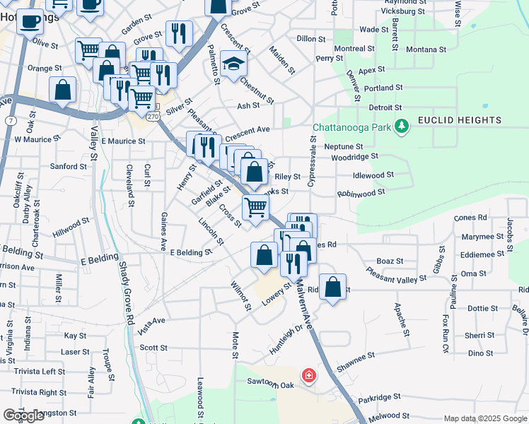 map of restaurants, bars, coffee shops, grocery stores, and more near 1425 Malvern Ave in Hot Springs