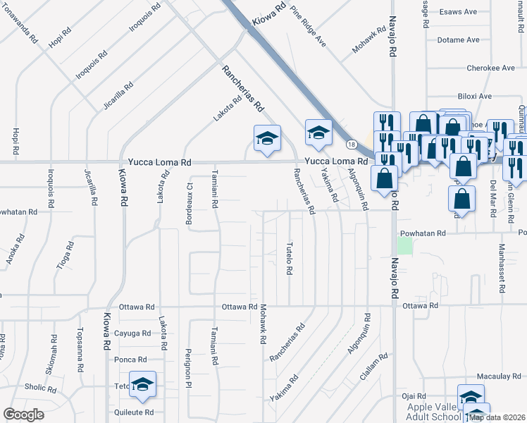 map of restaurants, bars, coffee shops, grocery stores, and more near Powhatan Road in Apple Valley