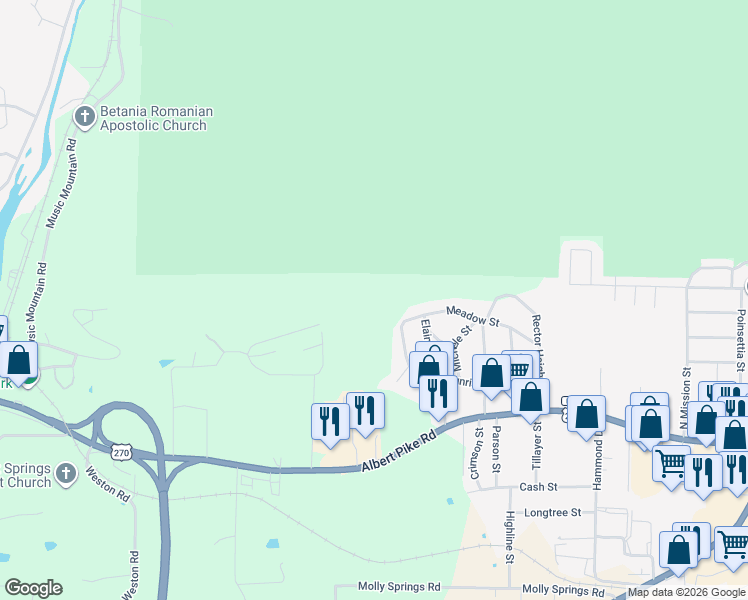 map of restaurants, bars, coffee shops, grocery stores, and more near 112 Bullion Heights in Hot Springs