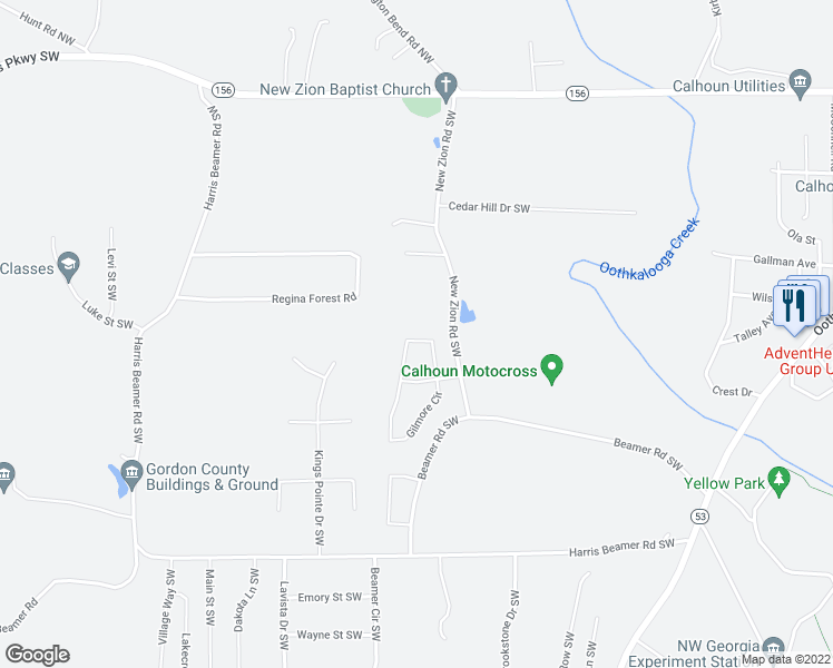 map of restaurants, bars, coffee shops, grocery stores, and more near 113 Gilmore Circle in Calhoun