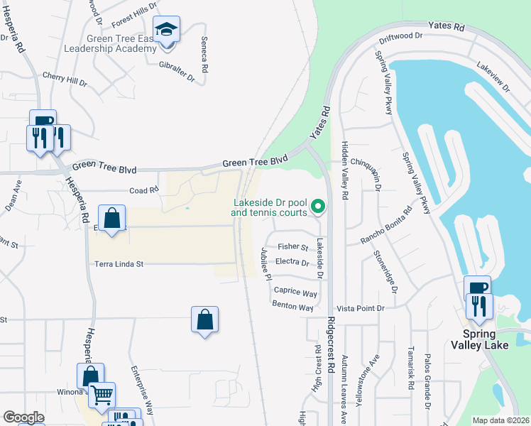 map of restaurants, bars, coffee shops, grocery stores, and more near 17534 Hudson Drive in Victorville