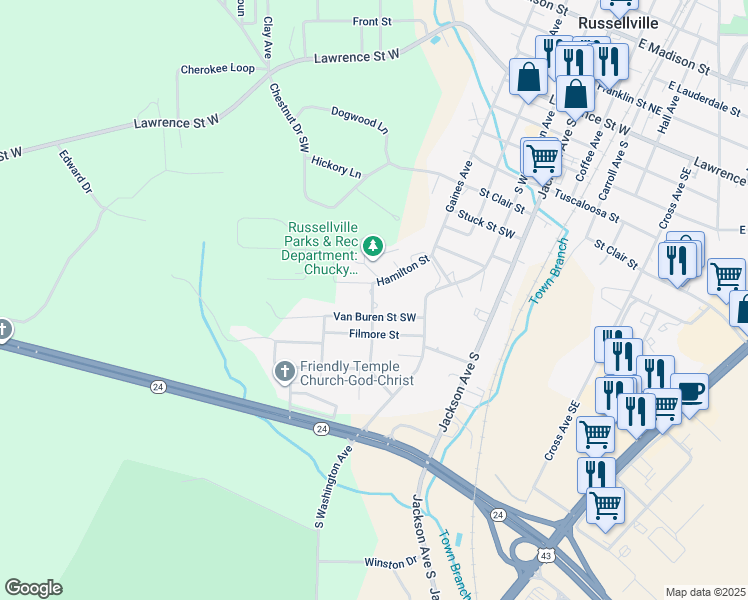 map of restaurants, bars, coffee shops, grocery stores, and more near 587 Hamilton Street in Russellville