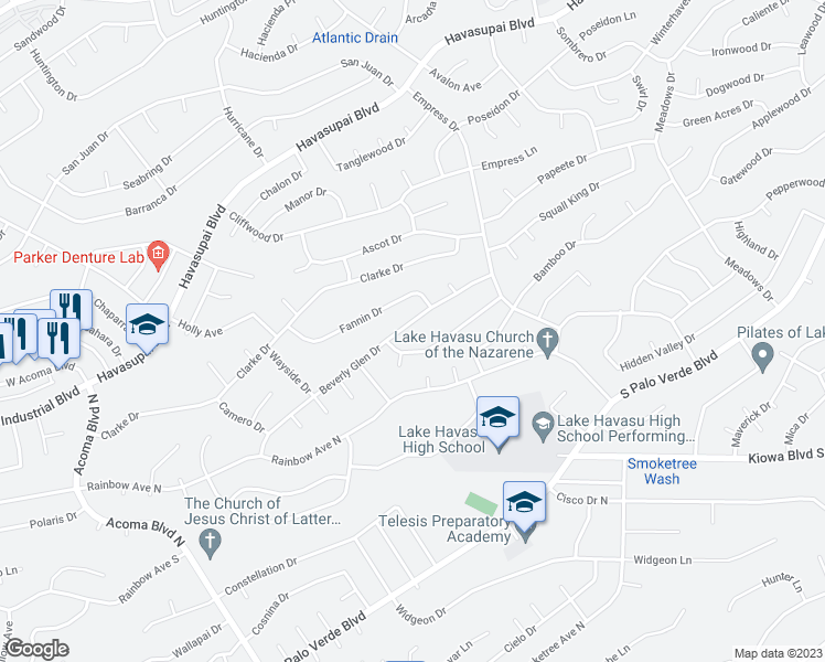 map of restaurants, bars, coffee shops, grocery stores, and more near 2562 Beverly Glen Drive in Lake Havasu City