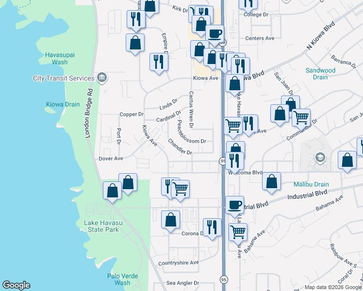 map of restaurants, bars, coffee shops, grocery stores, and more near 1630 Chandler Drive in Lake Havasu City