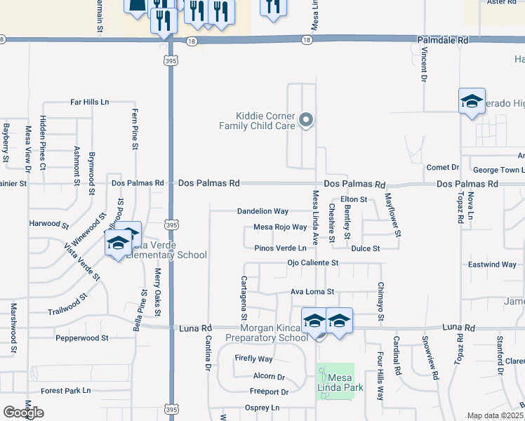 map of restaurants, bars, coffee shops, grocery stores, and more near 12217 Dandelion Way in Victorville