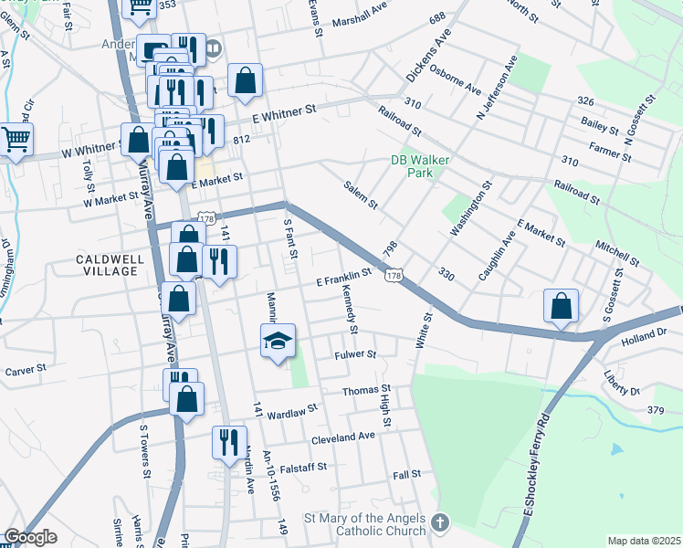 map of restaurants, bars, coffee shops, grocery stores, and more near 816 Kennedy Street in Anderson