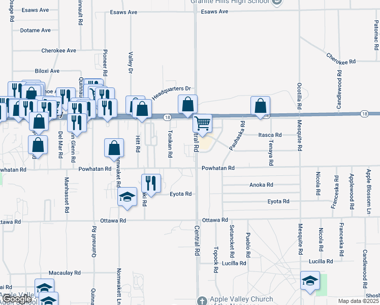 map of restaurants, bars, coffee shops, grocery stores, and more near 13584 Central Rd in Apple Valley