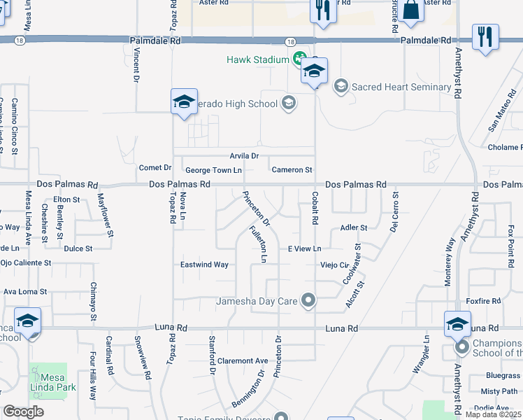 map of restaurants, bars, coffee shops, grocery stores, and more near 13621 Princeton Drive in Victorville