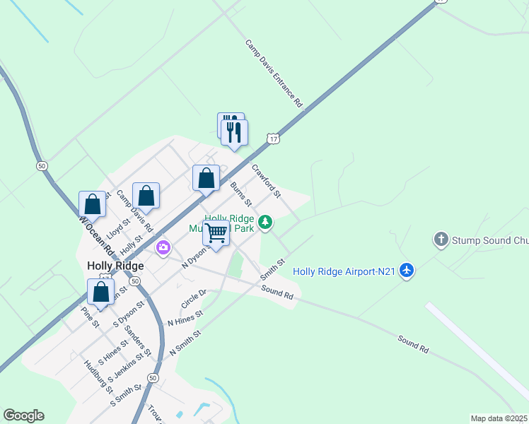 map of restaurants, bars, coffee shops, grocery stores, and more near 510 North Dyson Street in Holly Ridge