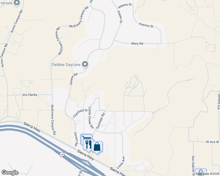 map of restaurants, bars, coffee shops, grocery stores, and more near 1 Sierra Highway in Acton