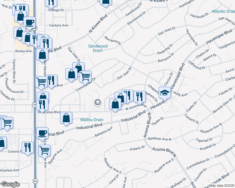 map of restaurants, bars, coffee shops, grocery stores, and more near 2090 Chaparral Drive in Lake Havasu City