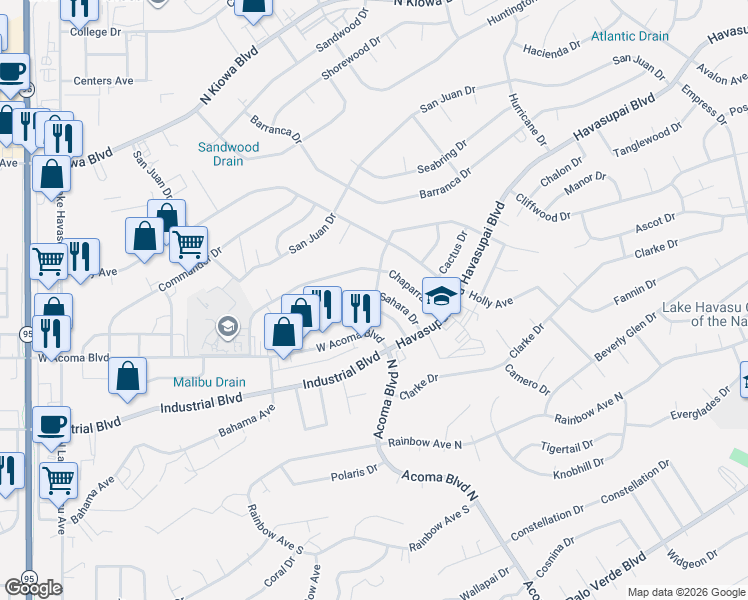 map of restaurants, bars, coffee shops, grocery stores, and more near 2200 Sahara Drive in Lake Havasu City