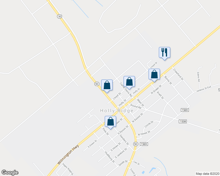 map of restaurants, bars, coffee shops, grocery stores, and more near 116 Jones Street in Holly Ridge