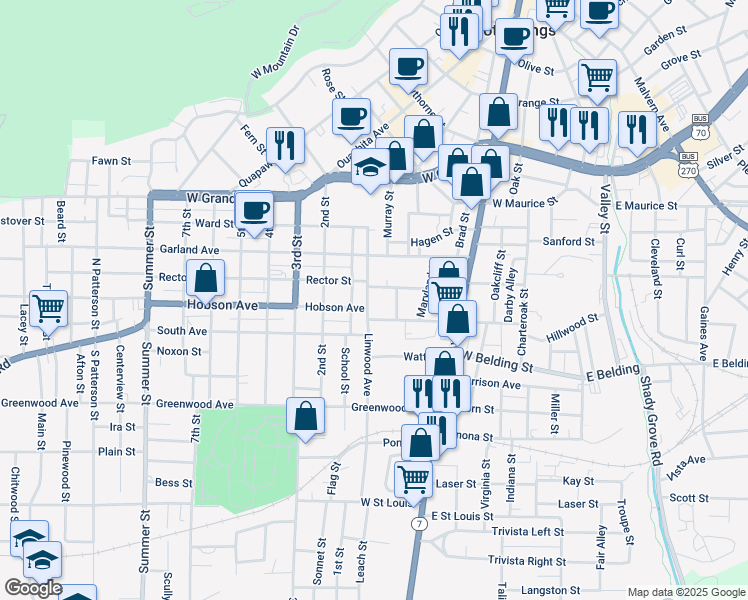 map of restaurants, bars, coffee shops, grocery stores, and more near 117 Kenwood Street in Hot Springs