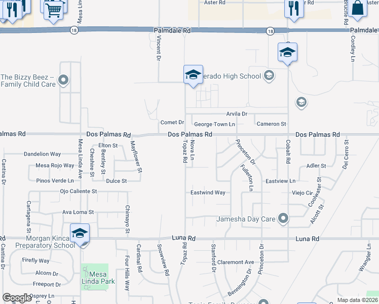 map of restaurants, bars, coffee shops, grocery stores, and more near 13650 Nova Lane in Victorville