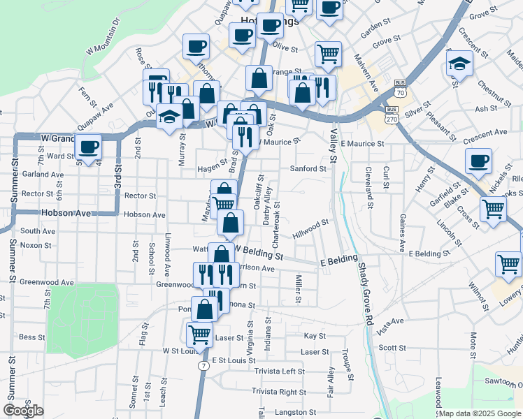 map of restaurants, bars, coffee shops, grocery stores, and more near 1503 Central Avenue in Hot Springs