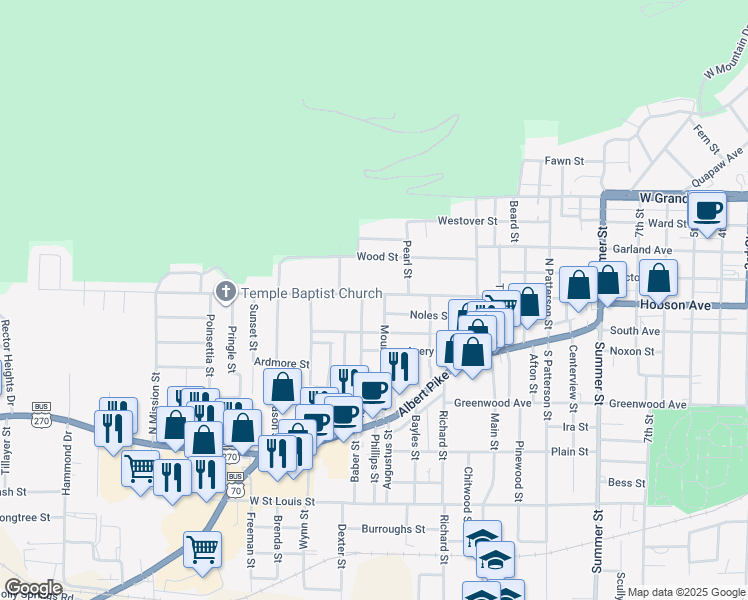 map of restaurants, bars, coffee shops, grocery stores, and more near 1647 Hobson Avenue in Hot Springs