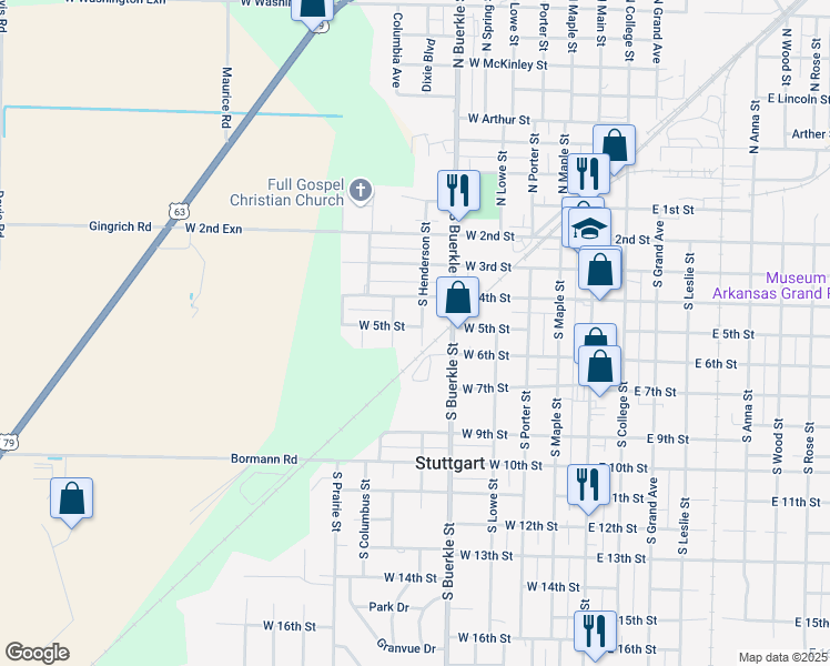 map of restaurants, bars, coffee shops, grocery stores, and more near 610 West 5th Street in Stuttgart